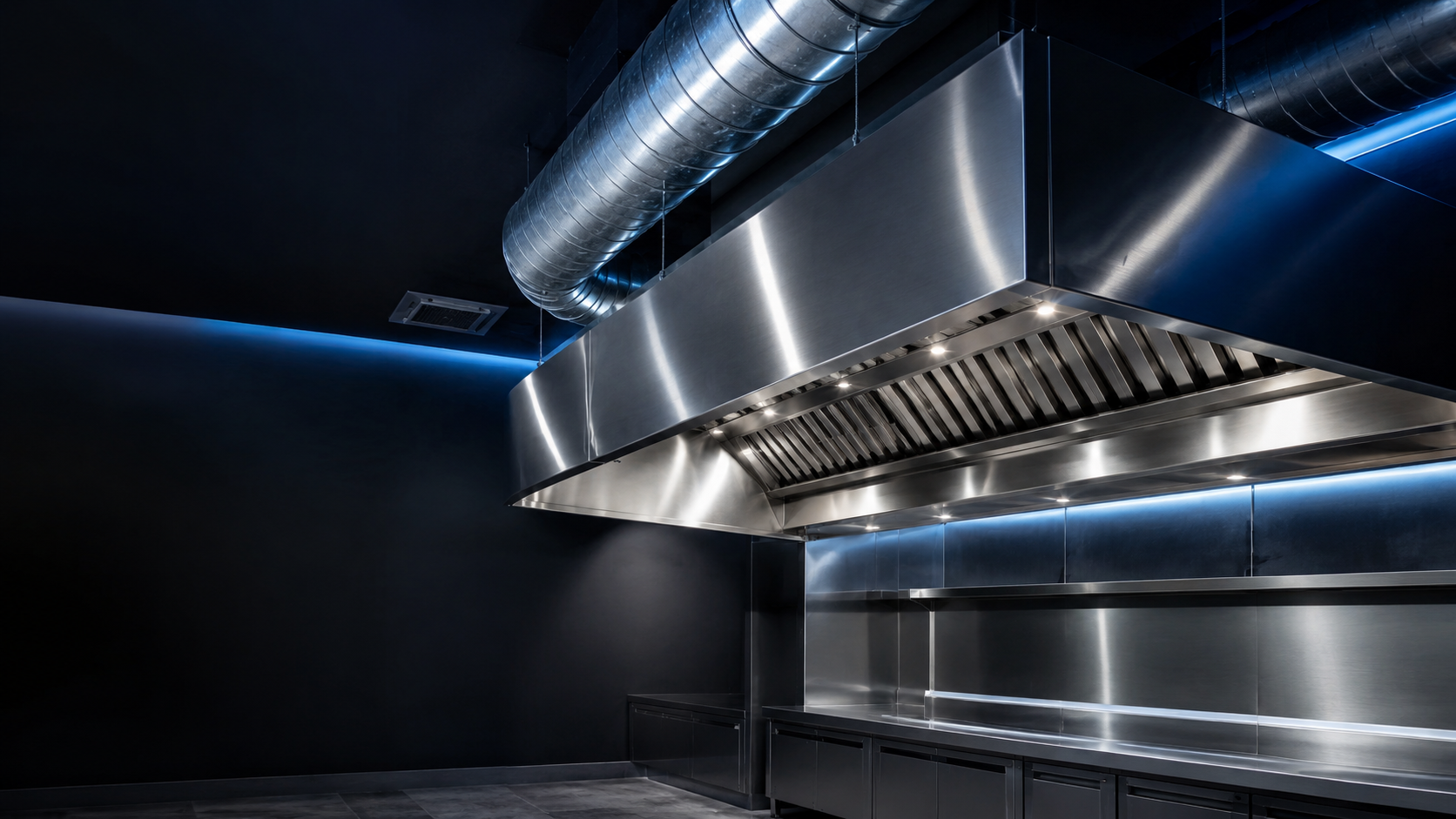 Sistema profissional de exaustão com coifa industrial em aço inox